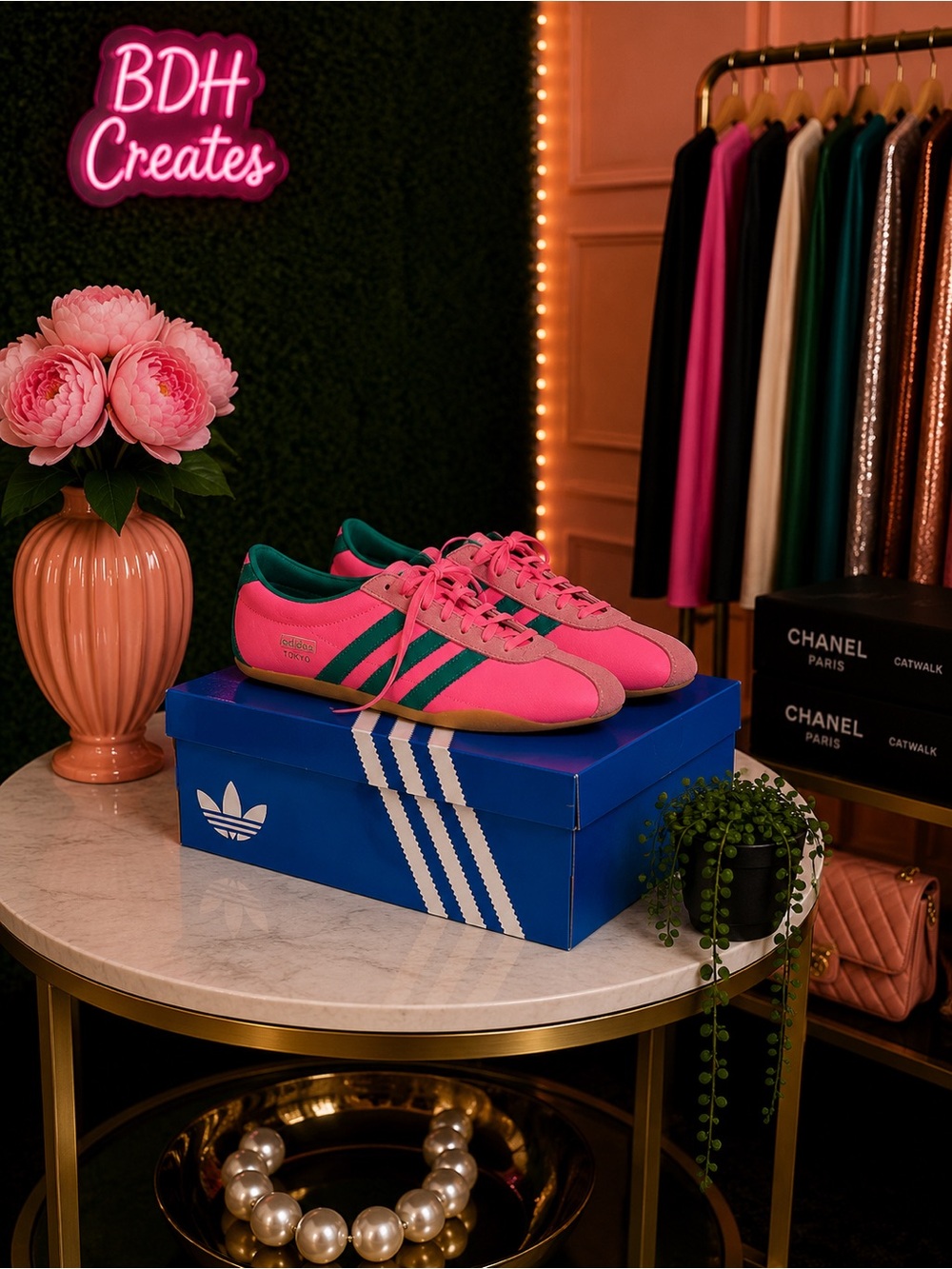 Adidas Tokyo Women's Pink with Green Stripe Low-Profile Sneakers